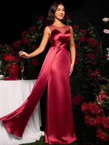 Coutiva 纯色褶饰长款正式晚礼服，奢华长裙，酒红色连衣裙，适合春夏季音乐节、派对礼服、婚礼宾客礼服、鸡尾酒会