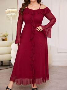 Modelyn Women Plus Size Off Shoulder Long Sleeve Flare Ruffled Mesh Elegant A-Line Dress - Red - View 5