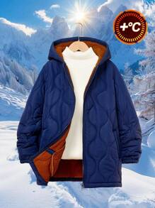 Tween Boys' Quilted Hooded Mid-Length  Coat, Suitable For Commuting, School, Casual, College And Sports, Fits For Autumn And Winter Seasons