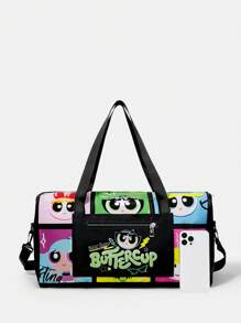 THE POWERPUFF GIRLS X SHEIN 女士时尚卡通花朵、泡泡、金凤花图案手提包 - 黑色 - 查看 3