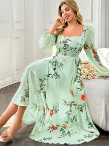 SHEIN Clasi Plus Size Elegant Rose Print Chiffon Waist Pleated Lantern Sleeve Dress, Suitable For Spring And Autumn,Valentine - Green - View 5