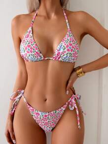 SHEIN Swim 女士花卉印花露背比基尼套装，度假泳装，随意印花，适合夏季海滩度假 - 彩色 - 查看 1
