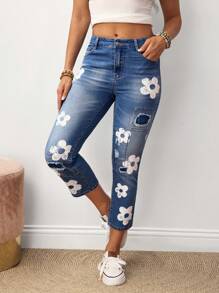 SHEIN Tall Jeans casuales de mujer con estampado floral y bolsillo con botones en la bragueta - Azul - Ver 4