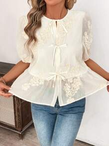 SHEIN Clasi 女士春夏刺绣娃娃领短袖上衣 - 米色 - 查看 6