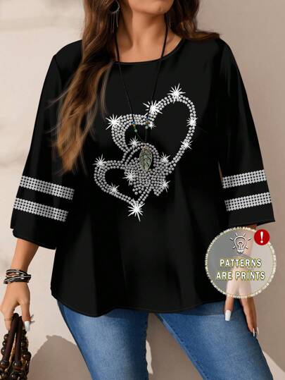 EMERY ROSE Plus Size Heart Diamond Print 3/4 Sleeve Round Neck Blouse, Suitable For  Chic Blouses For Women,Spring/Summer/Vacation, Spring Break