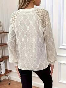 Casual Solid Color Jacquard Contrast Lace Long Sleeve Top, Spring/Autumn Fall Cloth For Women - Apricot - View 2