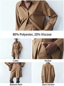 Maija 女士棕色早春纯色翻领落肩长袖纽扣衬衫和宽松版型拉链前短裤两件套休闲套装节日