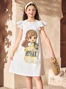 SHEIN Tween Girls 纯色编织圆领可爱女孩印花荷叶边连衣裙，适合春季出游、乡村风格、花园下午茶、休闲外出、返校 - 白色 - 查看 6