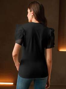 Anewsta Women Summer Short Sleeve T-Shirt, Round Neck Fitted Design With Ruffle & 3D Floral Decor - Black - View 4