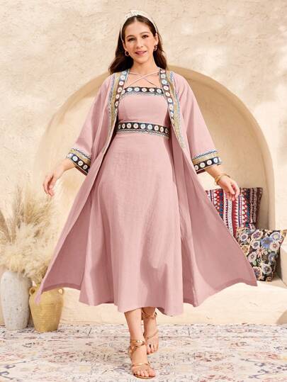 SHEIN 2pcs/Set Teen Girl Luxury Fancy Pink Woven Strap Splice, Plain Weave Splice Strap Casual Vacation Spaghetti Strap A-Line Dress And Mid-Length Sleeve Jacket, Holiday, Elegant, Vintage