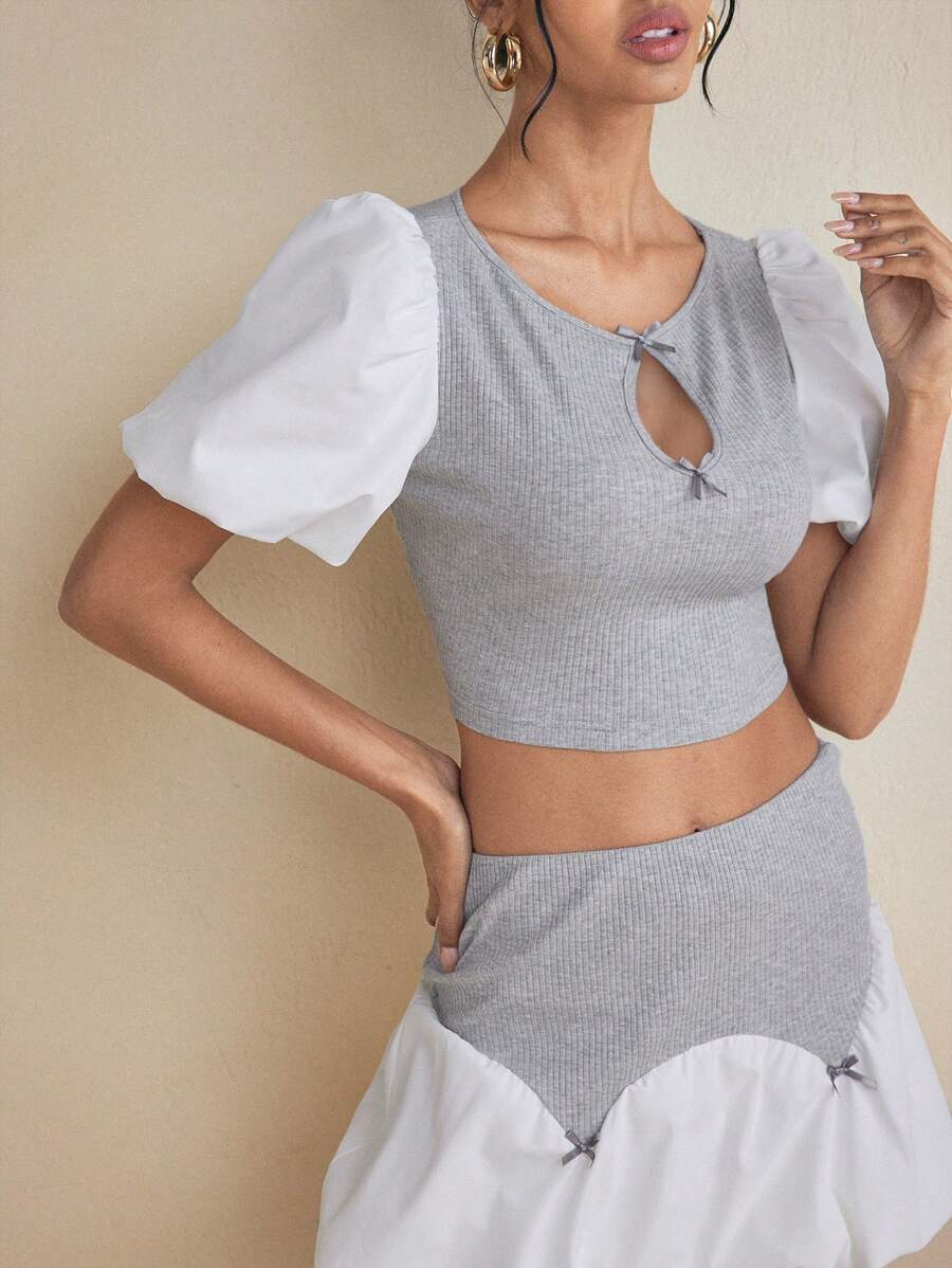 Stephany M Designer Grey Rib White Puff Short Sleeves Cut Out Bow Boat Neck Crop Top - Multicolor - View 1