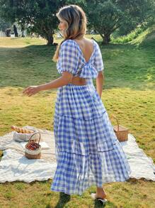 Flirla Váy xòe tay bồng kẻ caro xanh trắng cỡ lớn bằng vải chiffon buộc lưng, mùa xuân/hè - Màu xanh lam - Xem 2