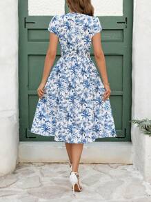 Ellevyn 女士花卉印花褶皱口袋中长连衣裙，春夏休闲度假连衣裙 - 彩色 - 查看 5