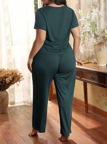 Plus Size Casual Koronkowy Patchworkowy Zestaw Piżamowy