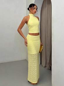 SHEIN BAE Summer Beach Vacation Solid Light Yellow Bow Halter Neck Suit Vest Suit Skirt Suit, Suitable For Daily Dating, Night Out, Nightclubs, Parties, Get-Togethers, Cocktail Parties, Pool Parties, Back-To-School Season Clothes, Back-To-School Season Dresses, Holiday Dresses, Music Festival Clothes, Country Music Festival Clothes, Concert Clothes - Mustard Yellow - View 5