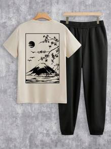 Manfinity Homme Japanese Ukiyo-E Mountain Print Men's Fashion Casual Standard Size Knit Khaki Short Sleeve Top And Black Long Pants Set - Multicolor - View 1