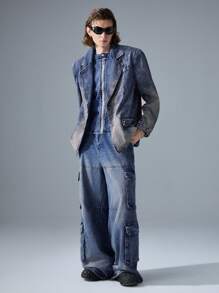 NEON BLANC Men's Street Style Woven Blue Denim Embroidered Long Sleeve Casual Jacket Cotton, For Fall Winter - Blue - View 6