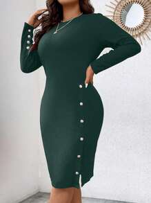 Calvaya 加纽扣细节开衩下摆紧身连衣裙 - 墨綠色 - 查看 5