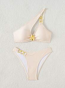 SHEIN Swim Women Beach Summer Outfits New Arrival Textured Material Metal Ring Decor Asymmetric Neck Design Bikini Set - Beige - View 8