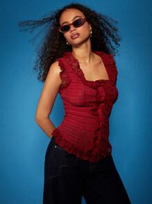 COSMINA Women's Elegant Solid Color Lace Trim Camisole - Red - View 6