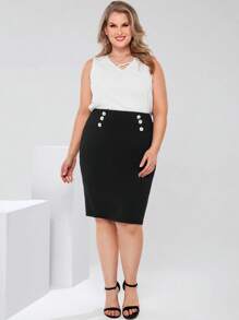 EMERY ROSE 大码女式宽腰带金属扣装饰黑色紧身优雅休闲端庄裙子夏季春季女士毕业成熟优雅女士