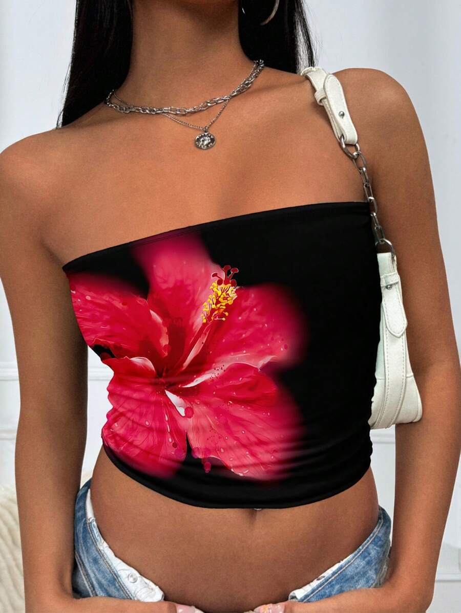 INAWLY توب كم مكشوف بطبعة زهرة الخطمي على الطراز "Y2K"، توب ذو أشرطة - متعدد الألوان - مشاهدة 1