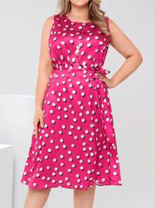 EMERY ROSE Magenta,Summer,Elegant,Wedding Guest Plus Size Sleeveless Crew Neck Polka Dot Print Dress,Women's Boho Western Holiday Outfits,Business Casual Clothes - Hot Pink - View 6