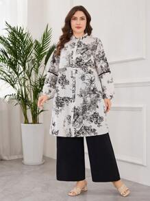 Lacomfia 2pcs Plus Size Casual Set - Stand Collar Retro Floral Print Pleated Loose Top