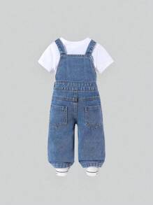 SHEIN Nuevos petos vaqueros con estampado de margaritas para niñas pequeñas, casuales y combinables, versátiles para primavera/verano 2025, adecuados para uso diario en todas las estaciones - Lavado ligero - Ver 2