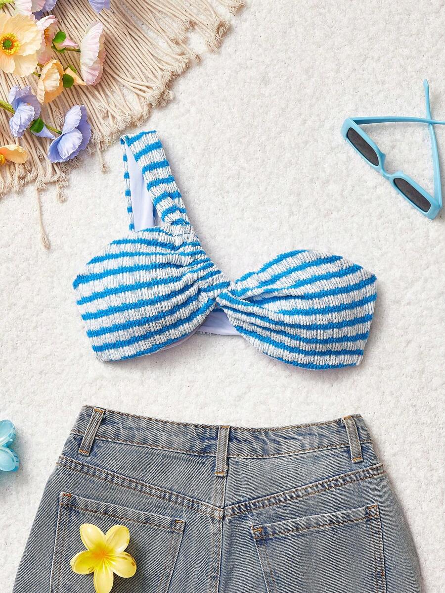 SHEIN MOD Blue Striped Ruched Bandeau Bikini Top With Asymmetrical Neck Design, Beach Vacation Outfits Woman, Beach Outfits For Woman,Sexy ,Coquette ,Tropical  ,Vacation ,Beach Vacation Outfits, - Blue - View 1