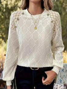 Casual Solid Color Jacquard Contrast Lace Long Sleeve Top, Spring/Autumn Fall Cloth For Women - Apricot - View 4