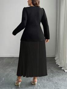 Elenzga 2pcs/Set Women Plus Size Single-Breasted Square Collar Long Sleeve Top And Pleated Midi Skirt