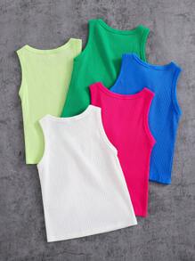 5 Pieces Set Young Girl Knit Solid Color Crew Neck Fitted Casual Tank Top, School, Campus, College - Multicolor - View 2
