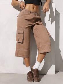 SHEIN EZwear Women's Casual Low-Waist 3/4 Cargo Denim Pants - Brown - View 6