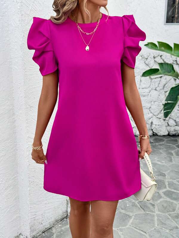 SHEIN Clasi Ocazional pentru femei, elegantă, pentru navetă, mânecă scurtă cu picior de oaie, culoare solidă, rochie în formă de A, ținute de vară, pentru femei, îmbrăcăminte boho pentru femei