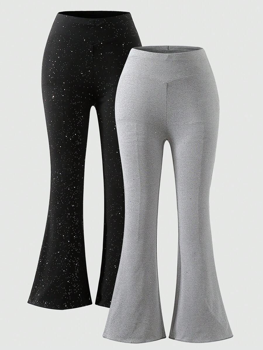 SHEIN 2pcs/Set Tween Girls Shiny Knitted Flared Pants Set