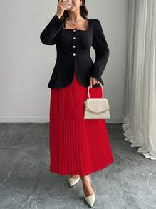 Elenzga 2pcs Plus Size Solid Color Long Sleeve Jacket And Skirt Set