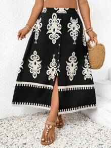 SHEIN Frenchy Plus Size Random Printed Front Button Skirt, Casual Vacation