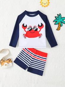SHEIN 2pcs/Set Baby Boy Swimwear, Cute Cartoon Shark Print Colorblock Long Sleeve Knit Rash Guard And Swim Trunks, Swimsuit Set