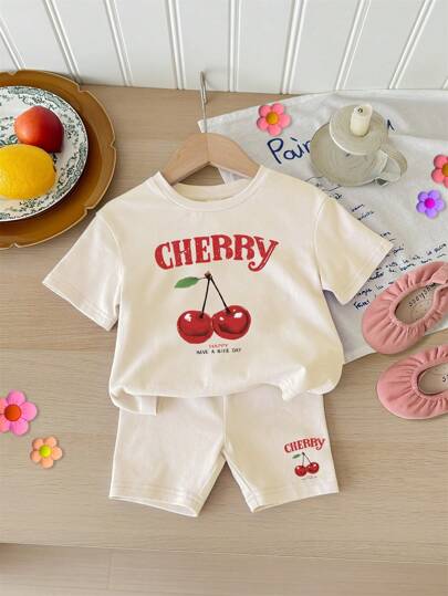 SHEIN Happikins Retro Cherry Pattern, Young Girl Casual Loose Short Sleeve T-Shirt And Shorts 2 Pieces Sets, Suitable For Summer