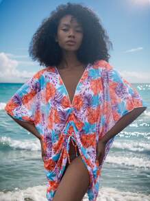 SHEIN Swim Vestido pareo con estampado de hoja grande tropical y colorido, con cordón en el centro para mujer - Multicolor - Ver 4