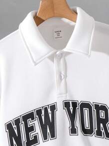 Tween 男童字母印花纽扣前卫衣和运动裤套装，休闲宽松，适合日常穿着，秋冬季 - 白色 - 查看 3