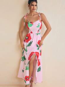 BELANGE HANDMADE Designer Women's Pink Floral Print Tie-Up Shoulder Straps Slit Ruffle Hem Long Sundress, Valentine's Day Date Party Spring Summer Dress, Concert Outfit, Rave Outfits Pastel, Prom Dress, Brunch Outfits, Tea Party Dress, For Festival, Spring Break