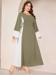 Graceveil Vestido estilo árabe con cuello redondo, diseño modesto de parches y lazo lateral para mujer talla grande