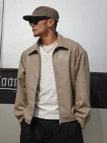 DAZY Men's Solid Khaki Leather Jacket, Autumn - Khaki - View 6