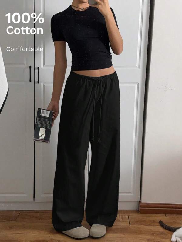 CovetEZ Women's Black Woven Casual Wide Leg Pants