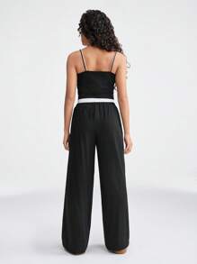 SHEIN 2pcs/Set Teen Girls Summer Casual Sporty Contrast Color Cropped Camisole And Wide Leg Pants - Black and White - View 2