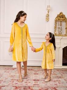 SHEIN Young Girl Yellow Velvet Gold Glitter Trim Long Sleeve V-Neck Long Dress, Fashionable Outerwear