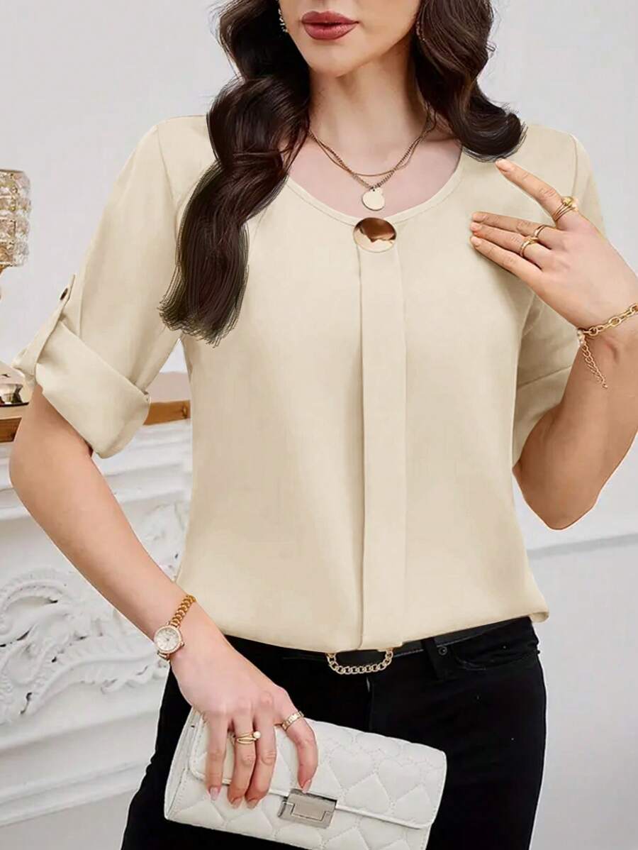 SHEIN Clasi 女士圆领卷边袖休闲衬衫 - 卡其色 - 查看 1