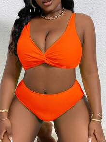 Slaydiva 2 件套大码女式纯色吊带背心分体式时尚休闲沙滩泳装套装 - 橘色 - 查看 3